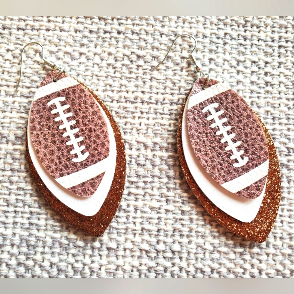 Faux Leather Football Layered Glitter Dangle Earrings
